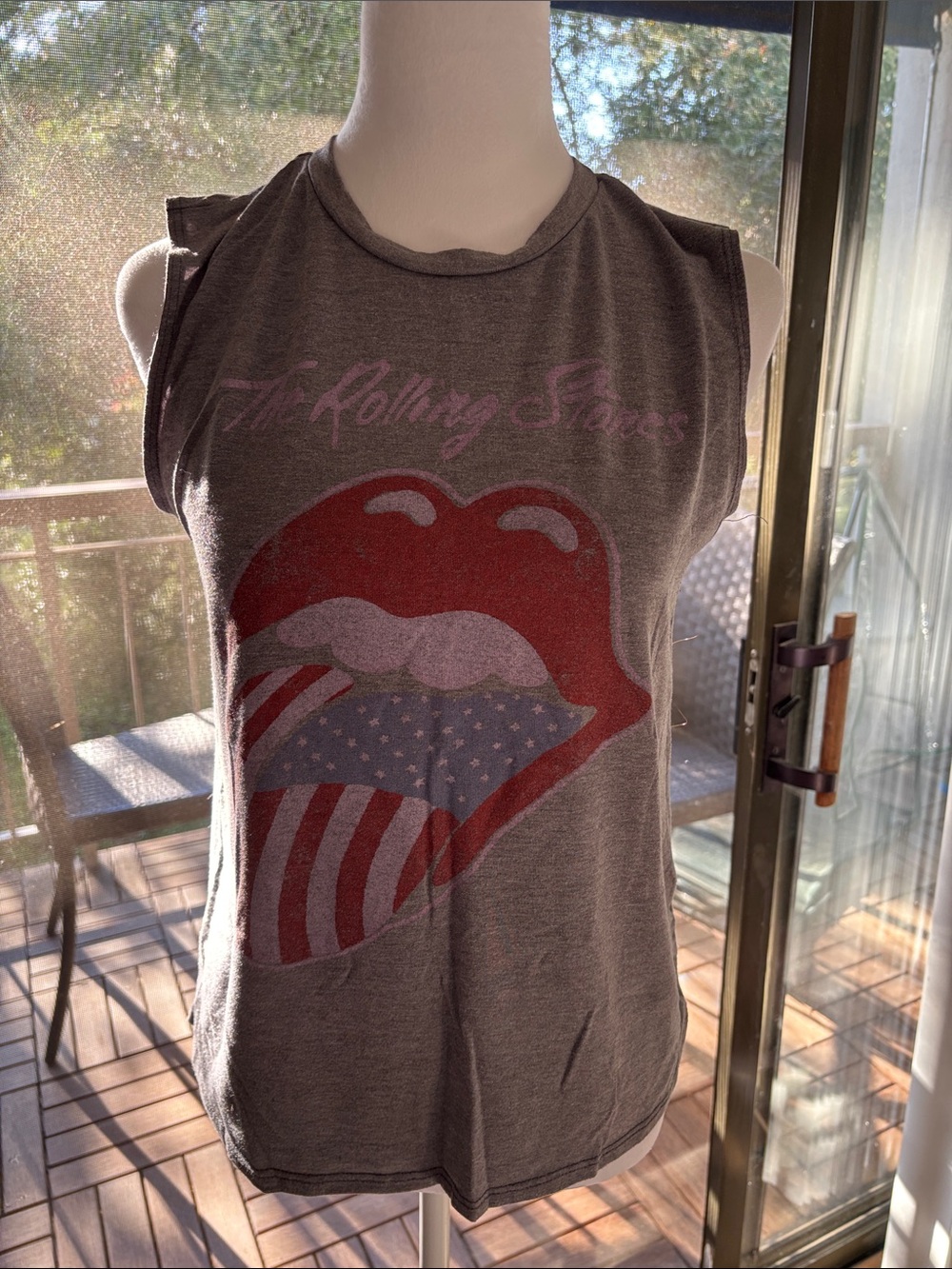 the Rolling Stones Gray Tank with Red & Blue Tongue Graphic